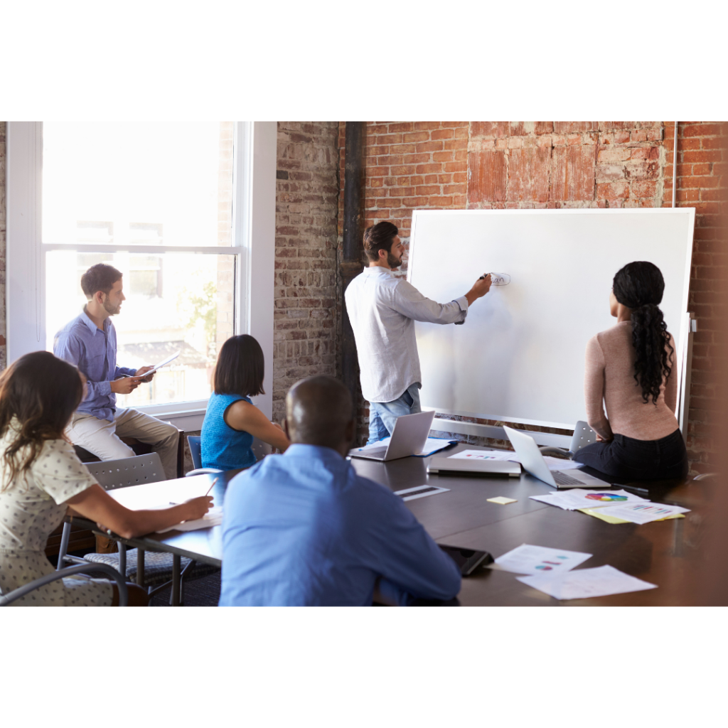 Employees around a whiteboard