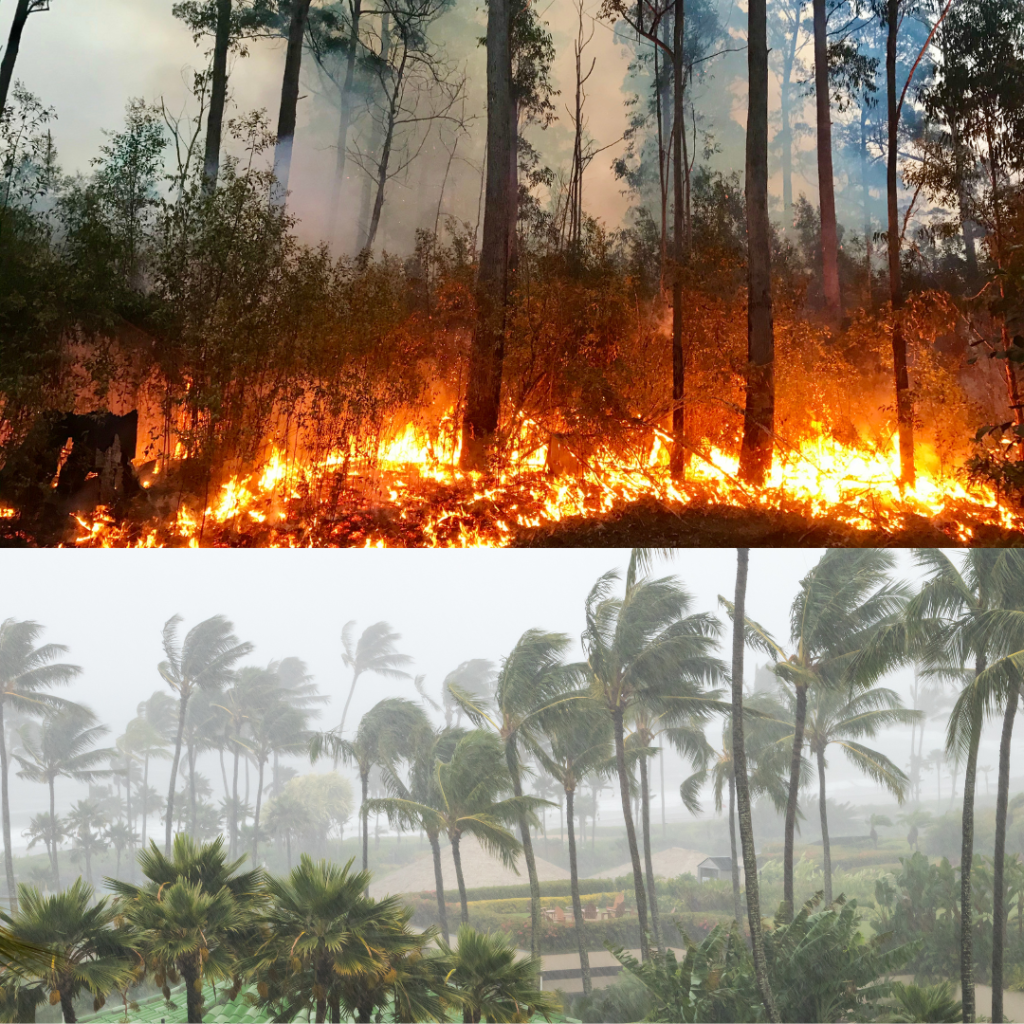 dual image of bushfire and cyclone